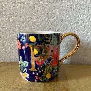 Anthropologie Letter P Initial Coffee Mug Rifle Paper Co Floral Gold Handle